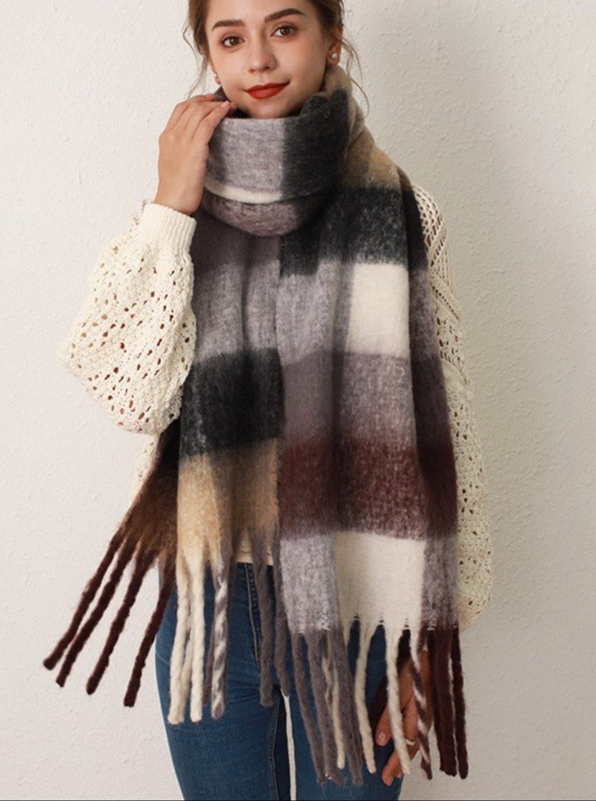 Women Plaid Scarf Thermal Fringe Contrast Tasseled Long Scarves