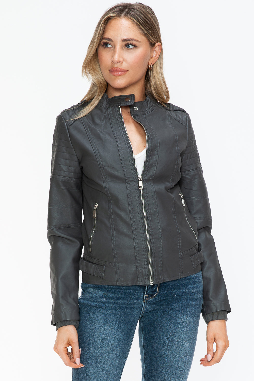 Snobbish PU Leather Biker Jacket Women Black with Side Zip Pockets