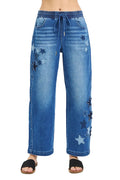 RISEN Elastic Waistband Slouchy Cropped Barrel Jeans with Star Patch