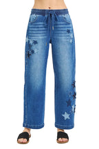 RISEN Elastic Waistband Slouchy Cropped Barrel Jeans with Star Patch