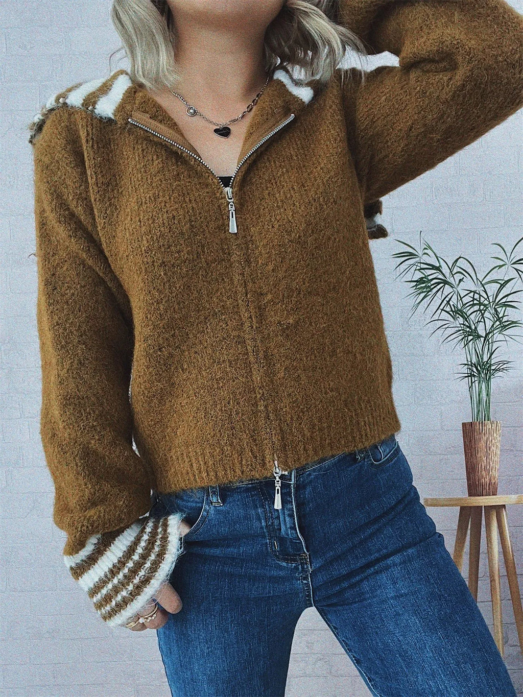 Women's Cardigan Striped Zip-Up Knit Long Sleeve Collared Brown One Size affed274bef741d4b7f564065b93e856-Max-Origin Trendsi