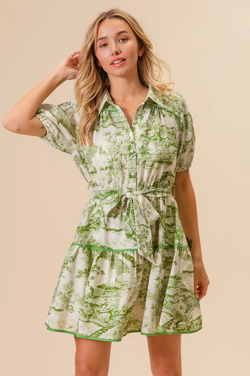 BiBi Mini Shirt Dress Floral Green Printed Tiered Belted Short Sleeve b000008b57d8418d86ab1adcddf42192-Max-Origin Trendsi