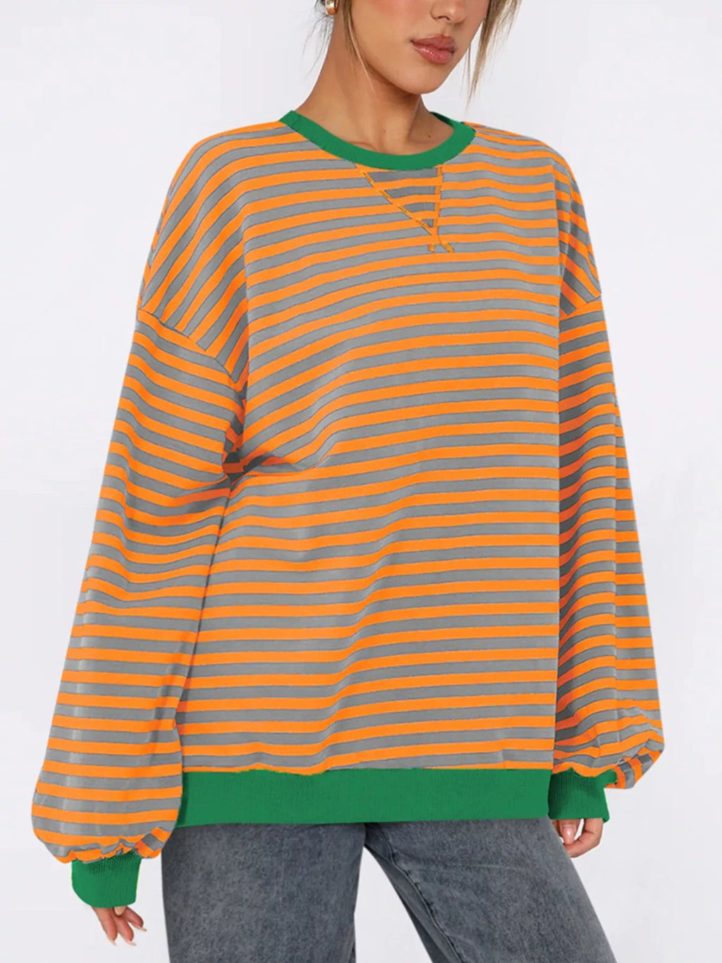 Women's Sweatshirt Striped Round Neck Long Sleeve Oversized Ribbed Sherbet b006e700-871a-43f0-aba5-90f880ff326a-Max-Origin Trendsi