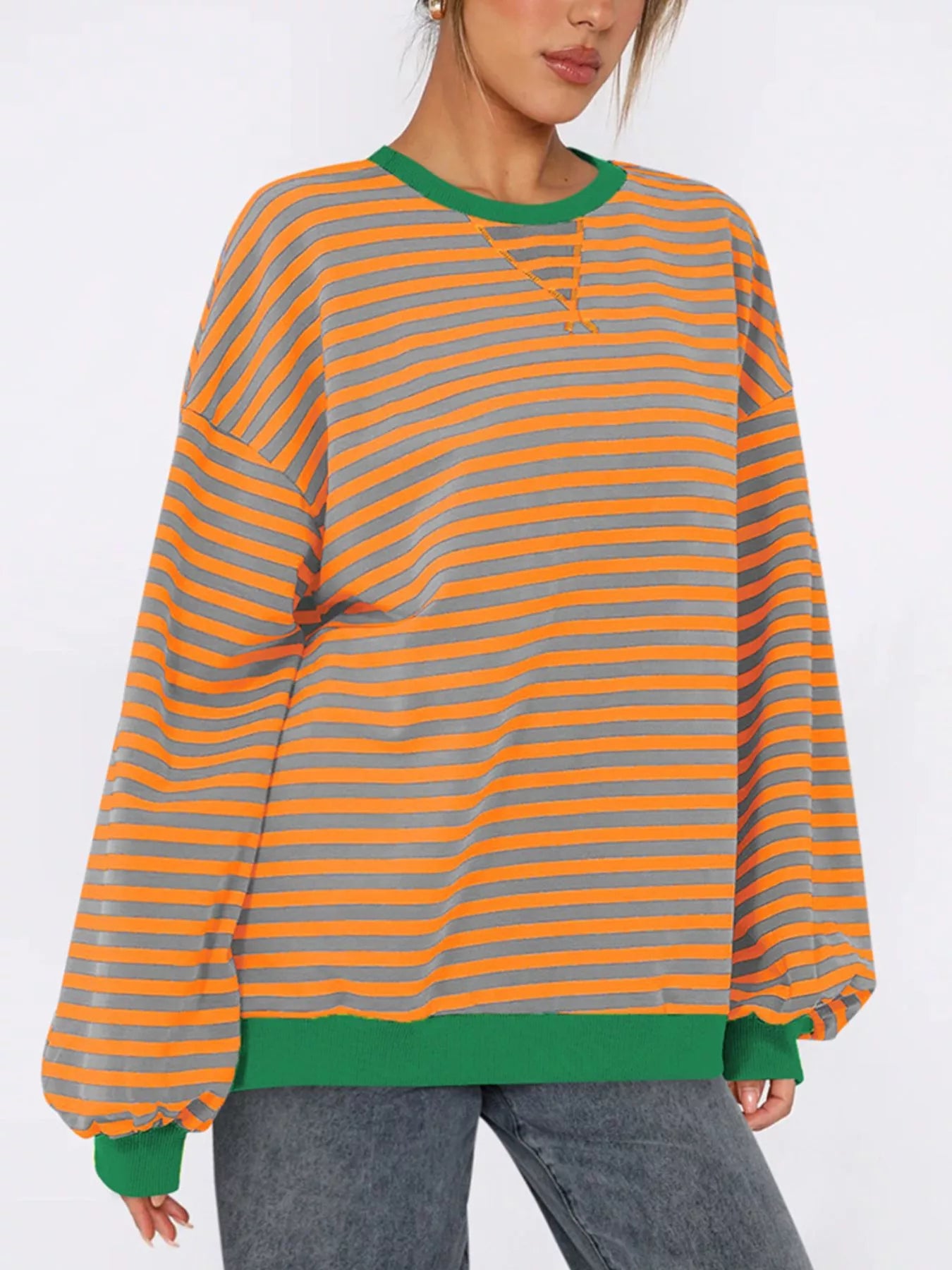 Women's Sweatshirt Striped Round Neck Long Sleeve Oversized Ribbed Sherbet b006e700-871a-43f0-aba5-90f880ff326a-Max-Origin Trendsi