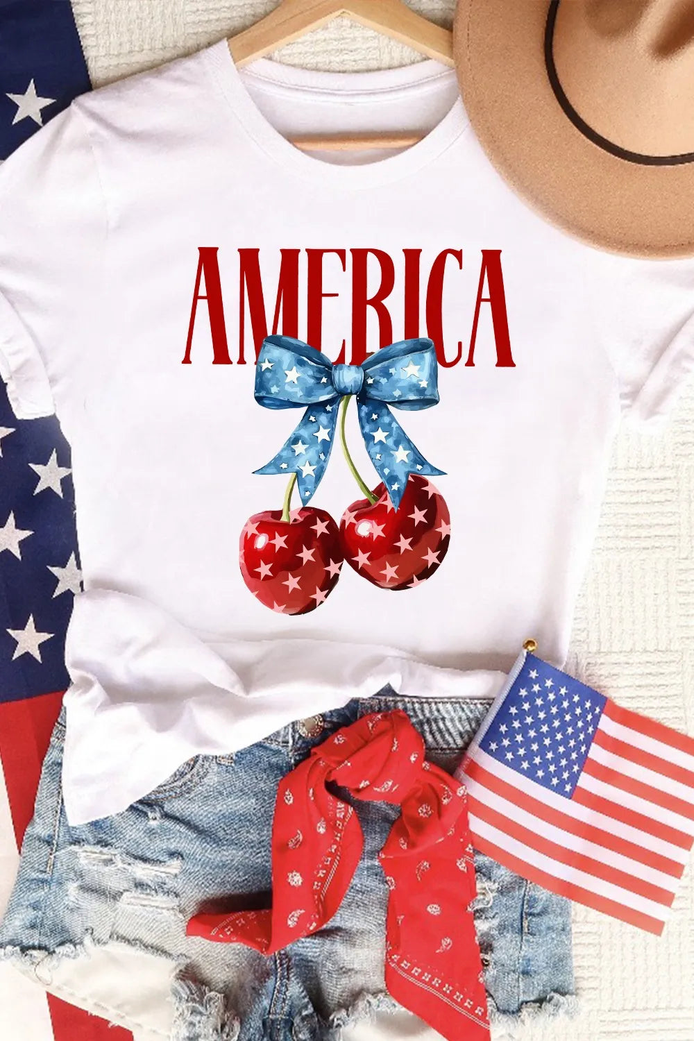 Women's T Shirt AMERICA Bow Cherry Crewneck Short Sleeve White Top b00adca4-1c6c-4c54-9654-946a24092537-Max-Origin Trendsi
