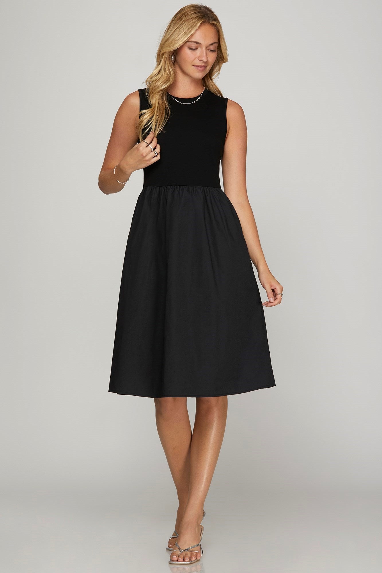 She + Sky Black Midi Dress Sleeveless Poplin Woven with Pockets S-2XL Black b0167252-a7ae-42f4-b59c-0ff146c3e51c-Max Trendsi