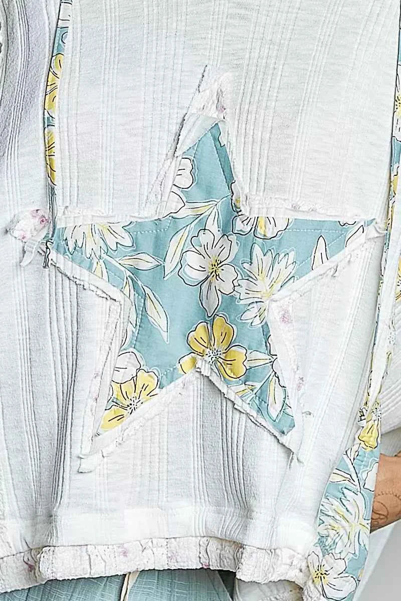 POL Floral Star Patch Hooded Blouse with Lace Contrast Detail