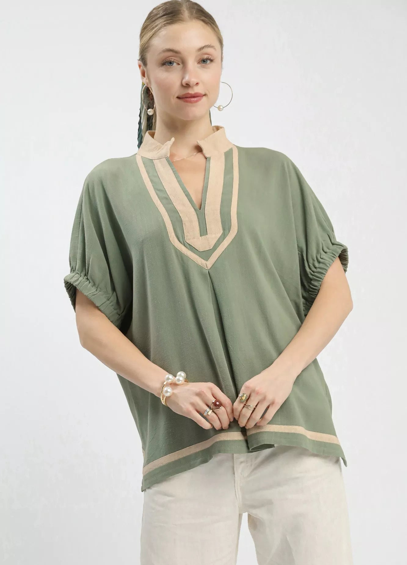Umgee Linen Blouse Mint Contrast Trim V-Neck Short Sleeve Top MINT b01be664-71a0-4e0a-8555-87dad3a45f18-Max-Origin Trendsi