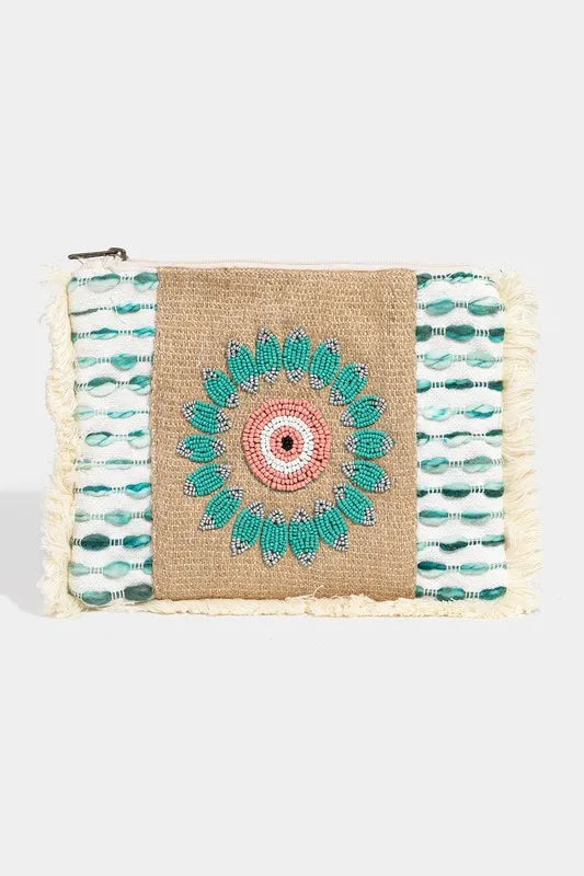 Fame Accessories Clutch Straw Woven Evil Eye Fringe Cosmetic Bag Turquoise one size b023c34a94864d1280fa6d18fb4c6198-Max-Origin Trendsi
