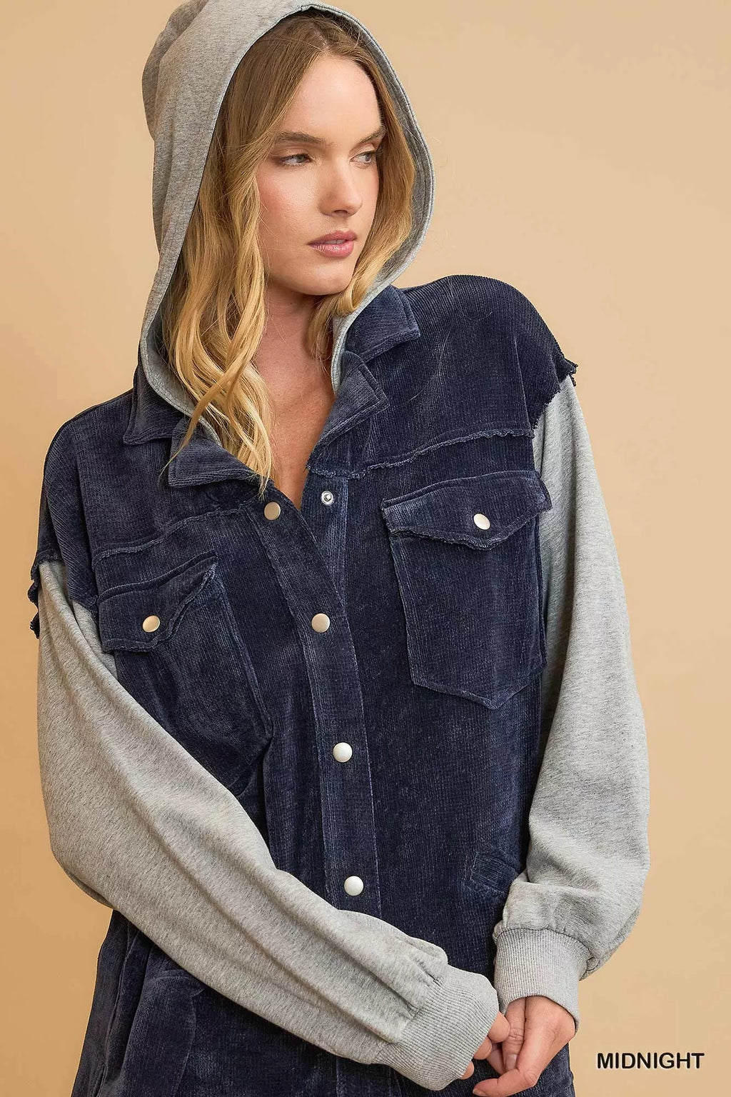 Umgee Womens Jacket Hooded Chenille Midnight Blue Contrast Gray Sleeves b02a3b2e-a1fe-4b7c-b3f9-46aaf65a0455-Max-Origin Trendsi