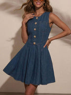 Sleeveless Denim Dress with Decorative Buttons and Zipper Closure
