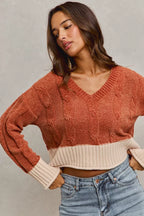 SO ME Cropped Sweater Rust Contrast Chenille Cable Knit V Neck Top b03ceacde5a648458613ef59c607f0bf-Max-Origin Trendsi