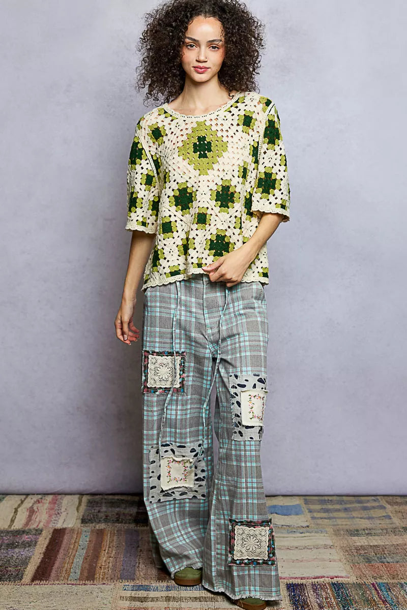 POL Womens Crochet Top Olive Multi Color Pattern Short Sleeve with Border Accents b03ceb1f-a6b0-4b68-bb8e-46f17ffd6c62-Max-Origin Trendsi