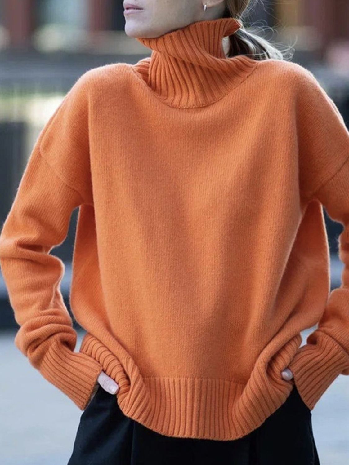 Turtleneck Women Sweater Basic Solid Oversized Long Sleeve Soft Knit Acrylic Orange One Size