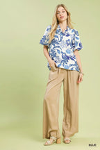 Umgee Womens Blouse Blue Lush Blossom Print Puff Sleeve Top with Ruffle Trim b04e6f3b-86df-402a-808e-5b8334f194ef-Max-Origin Trendsi
