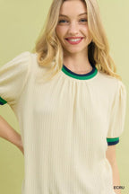 Umgee Womens Knit Top Ecru Puff Sleeve with Contrast Rib Trim Short Sleeve b052f168-b29a-4e2f-9049-0c7078eae644-Max-Origin Trendsi