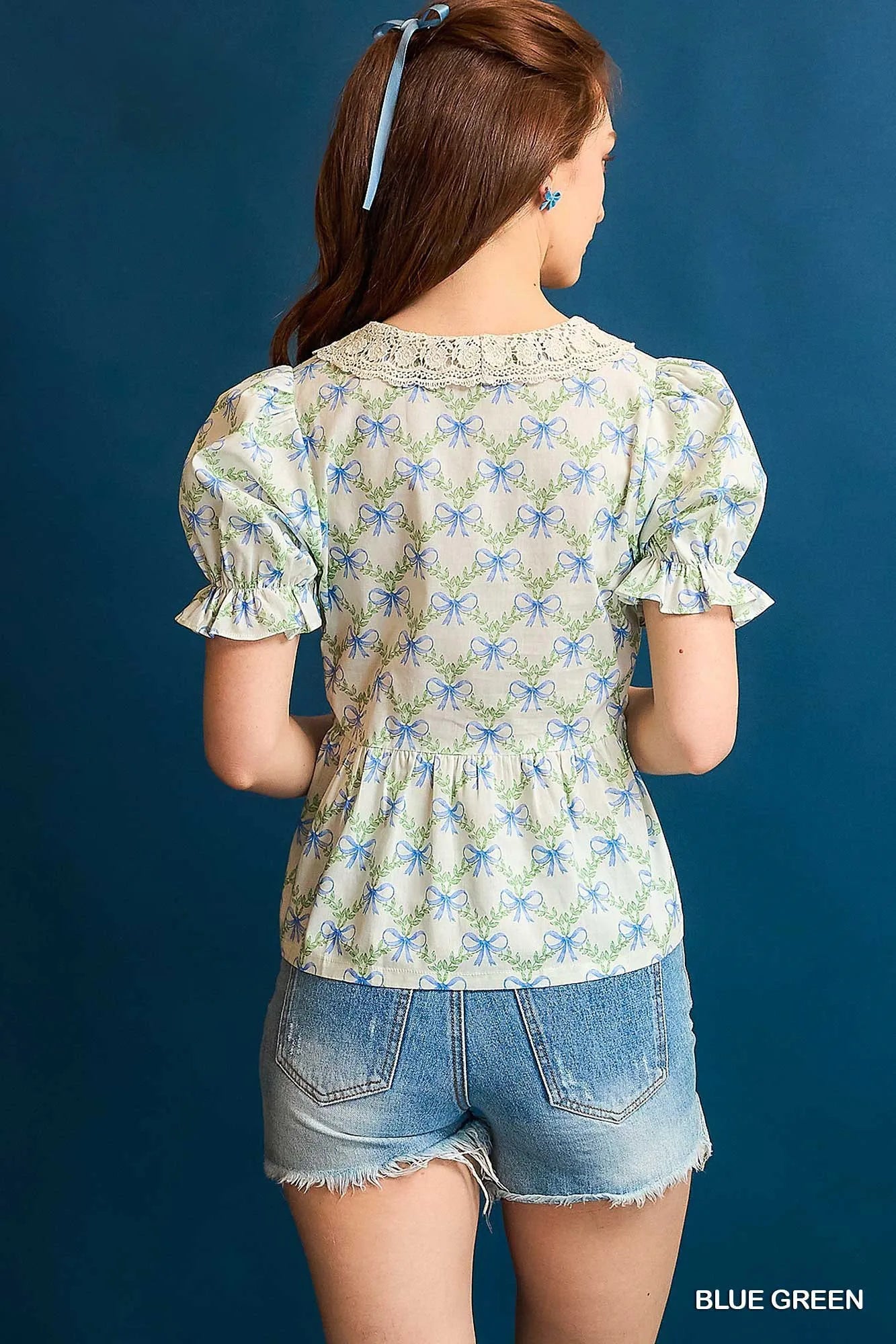 Umgee Blouse Bow Blue Floral Print Lace Detail Flounce Short Sleeve Top b05d6be6-4a22-46c5-9084-91bc523a5904-Max-Origin Trendsi