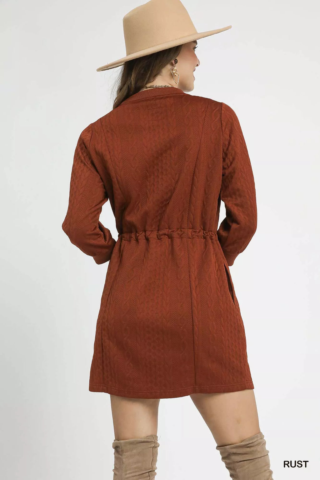 Umgee Mini Dress Cable Knit Rust Drawstring Waist Long Long with Pockets b068aa0e-aa97-456b-a91e-0f34abebcb3b-Max-Origin Trendsi