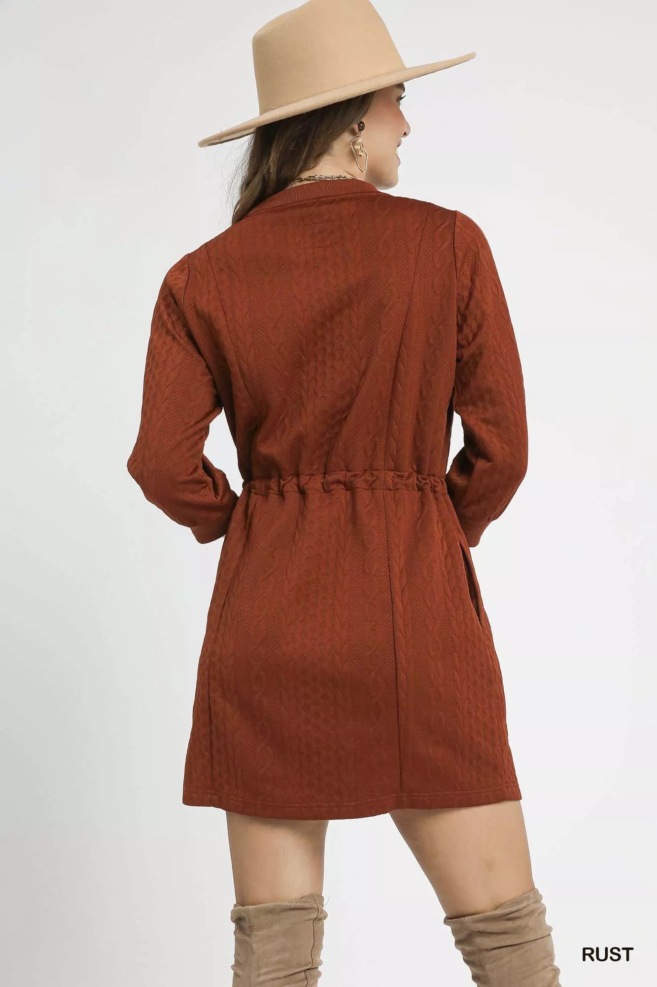 Umgee Mini Dress Cable Knit Rust Drawstring Waist Long Long with Pockets b068aa0e-aa97-456b-a91e-0f34abebcb3b-Max-Origin Trendsi