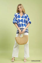 Umgee Blouse Womens Blue Shell Block Border Print Puff Short Sleeve Top b06a8123-3df9-4214-a4f7-2507a9b44a9e-Max-Origin Trendsi