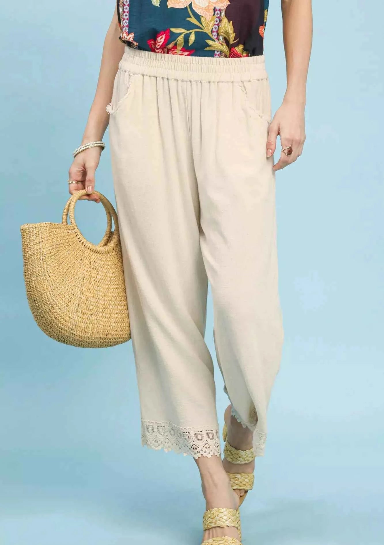 Umgee Linen Pants Beige Wide Leg Cropped with Lace Trim Elastic Waist OATMEAL b070c07d-3531-466c-b5b4-556e721cc108-Max-Origin Trendsi