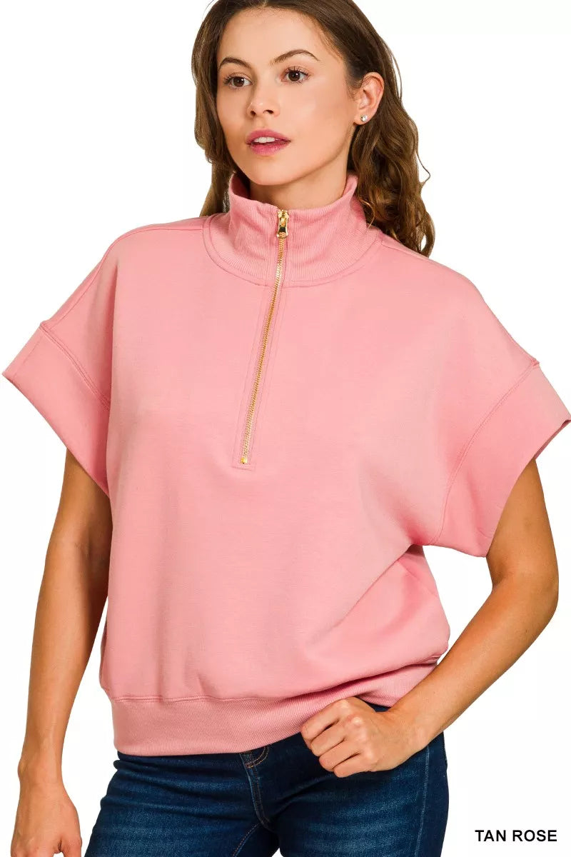 Zenana Sweatshirt Rose Scuba High Neck Half Zip Short Sleeve Top Plus Sizes b07349af83644283b0f974a0aec7b5f7-Max-Origin Trendsi