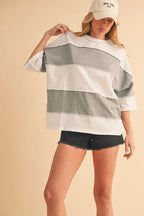 Aemi+Co Cotton T-Shirt Striped White Gray Color Block Short Sleeve Top WHITE HEATHER GRAY b08047ae178e4e43a9855343d0b21618-Max-Origin Trendsi