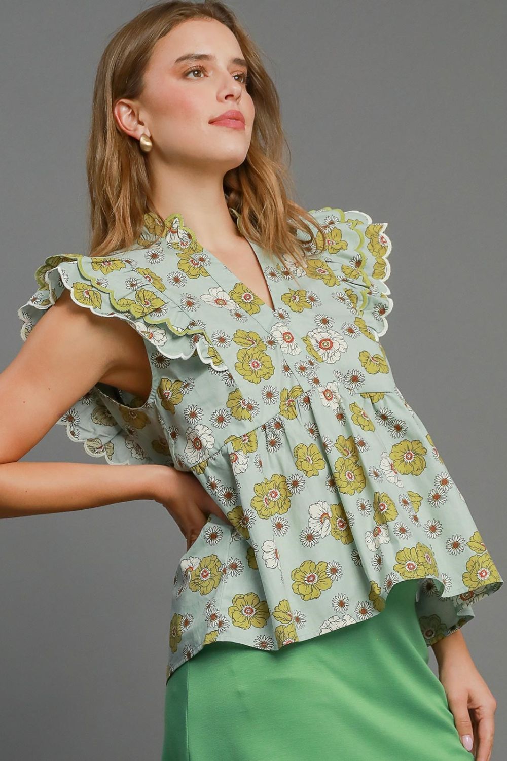 Umgee Blouse Floral Mint Blue Print Peplum Top Short Ruffle Sleeve b08068fd-5bc0-44d6-a91f-2c09935ac925-Max Trendsi