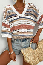 Women Knit T-shirt Openwork Colorful Striped V Neck Half Sleeve Top Stripe b082f178-ae0a-47d9-9da4-e60f84dddc6a-Min Trendsi