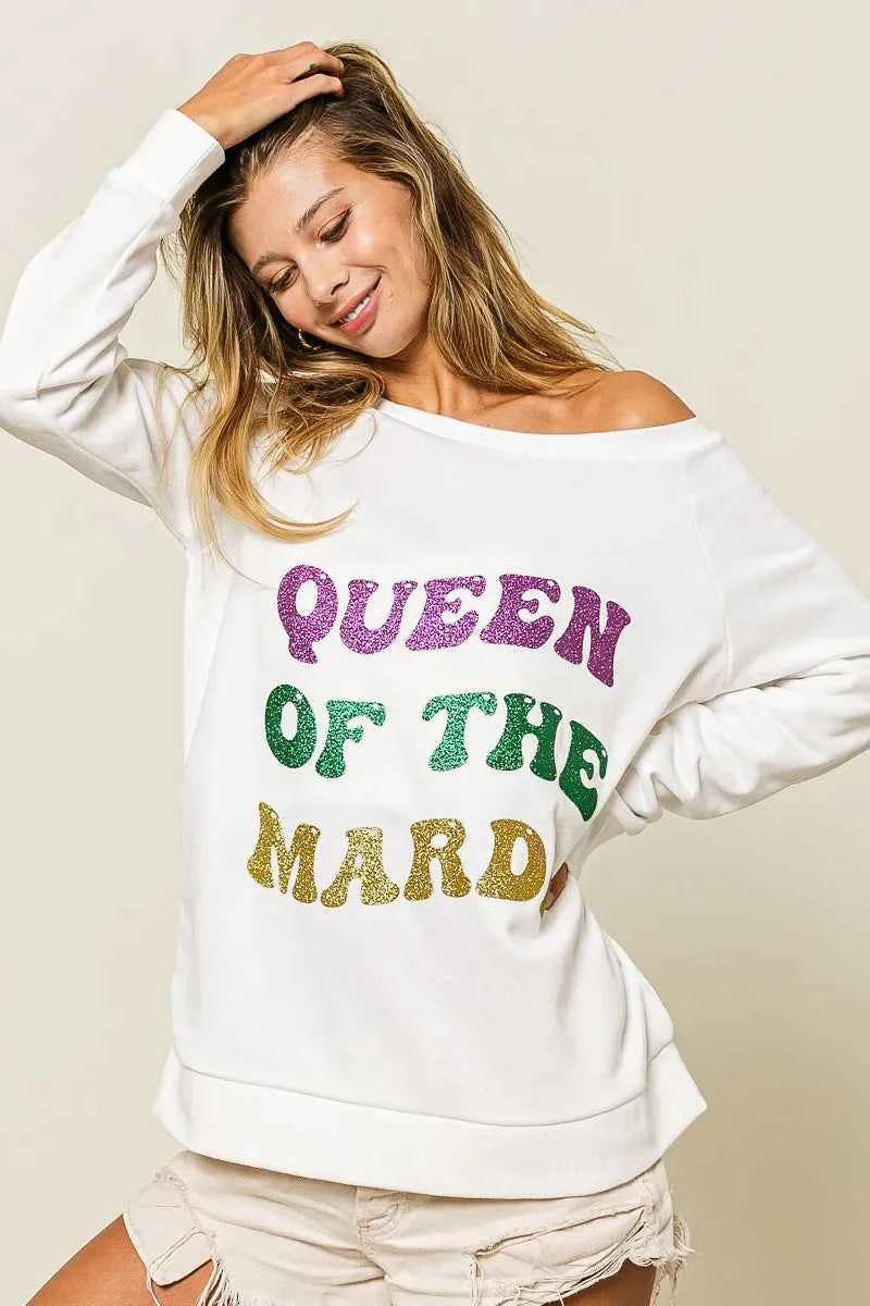 BiBi Women’s Mardi Gras Glitter Print Sweatshirt Queen of Mardi Casual Top