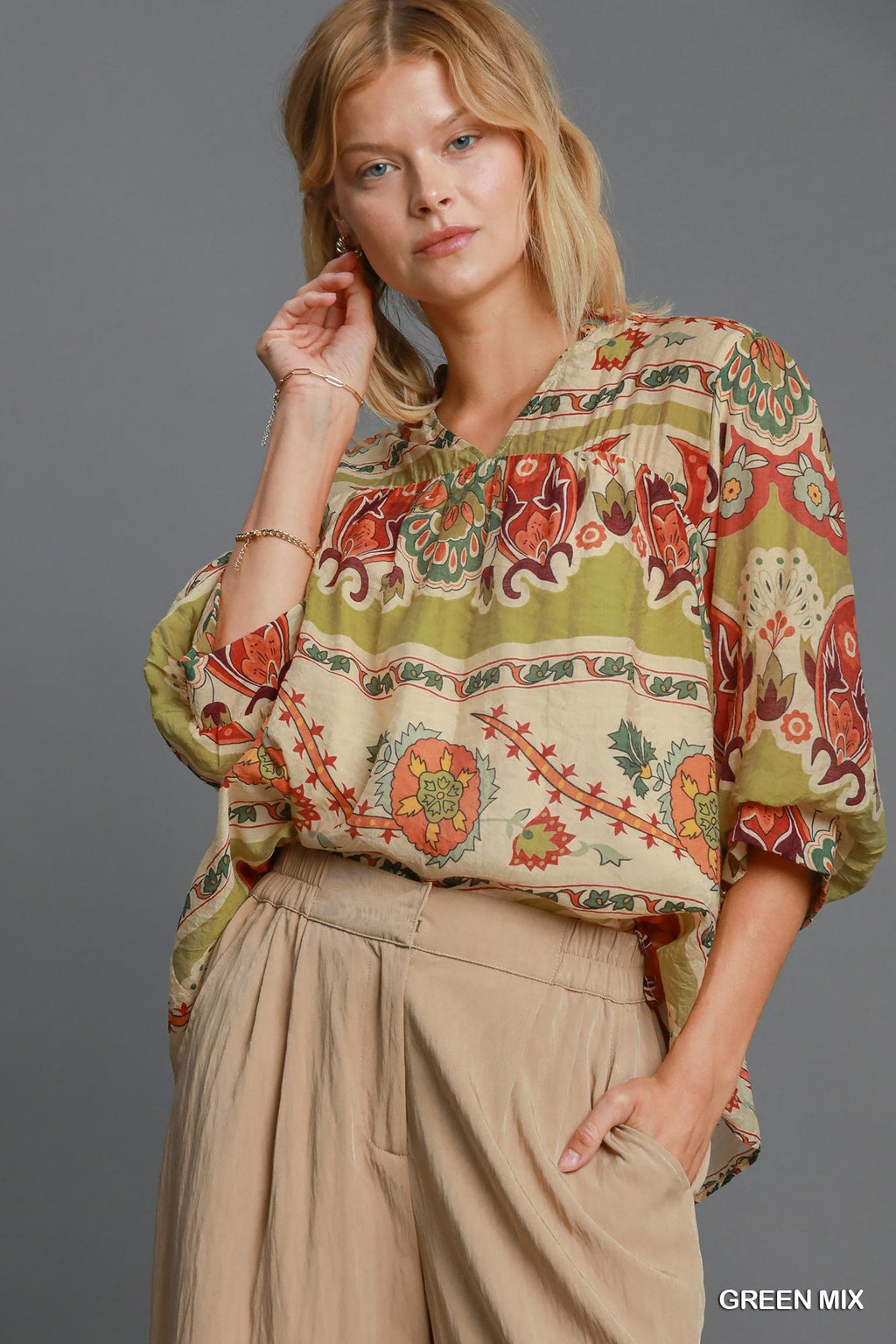 Umgee Blouse Yellow-Green Floral Border Print Notched 3/4 Puff Sleeve Yellow-Green b090168d-1b47-4ea8-add0-8c572c3e9a6a-Max Trendsi