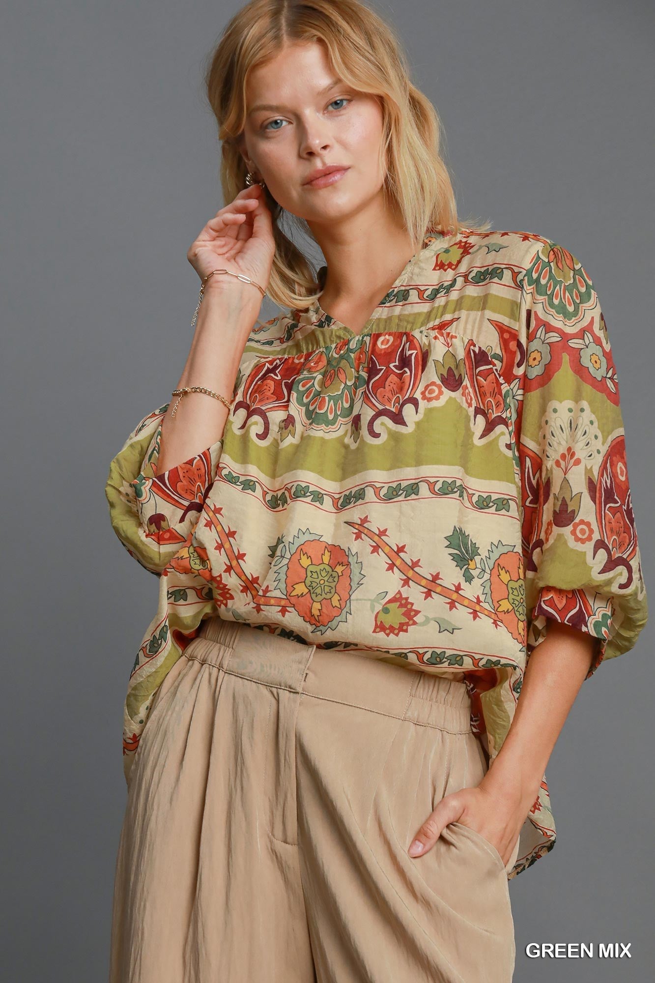 Umgee Blouse Yellow-Green Floral Border Print Notched 3/4 Puff Sleeve Yellow-Green b090168d-1b47-4ea8-add0-8c572c3e9a6a-Max Trendsi