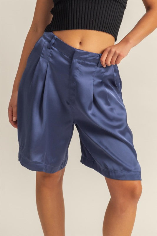 HYFVE Satin Shorts High-Waist Pleated Dusty Blue Ruched with Pockets Dusty Blue b09089ba-690a-4311-9d34-351890d50b74-Max Trendsi