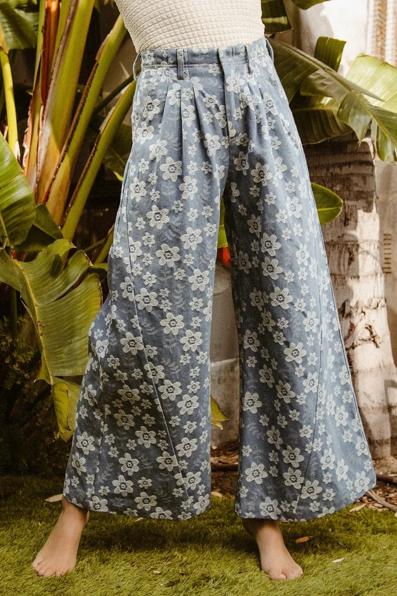 BiBi Jeans Blue Floral Texture Wide Leg High Waisted Pocketed Pants b092612001a64785a2a775ccb38dffcf-Max-Origin Trendsi