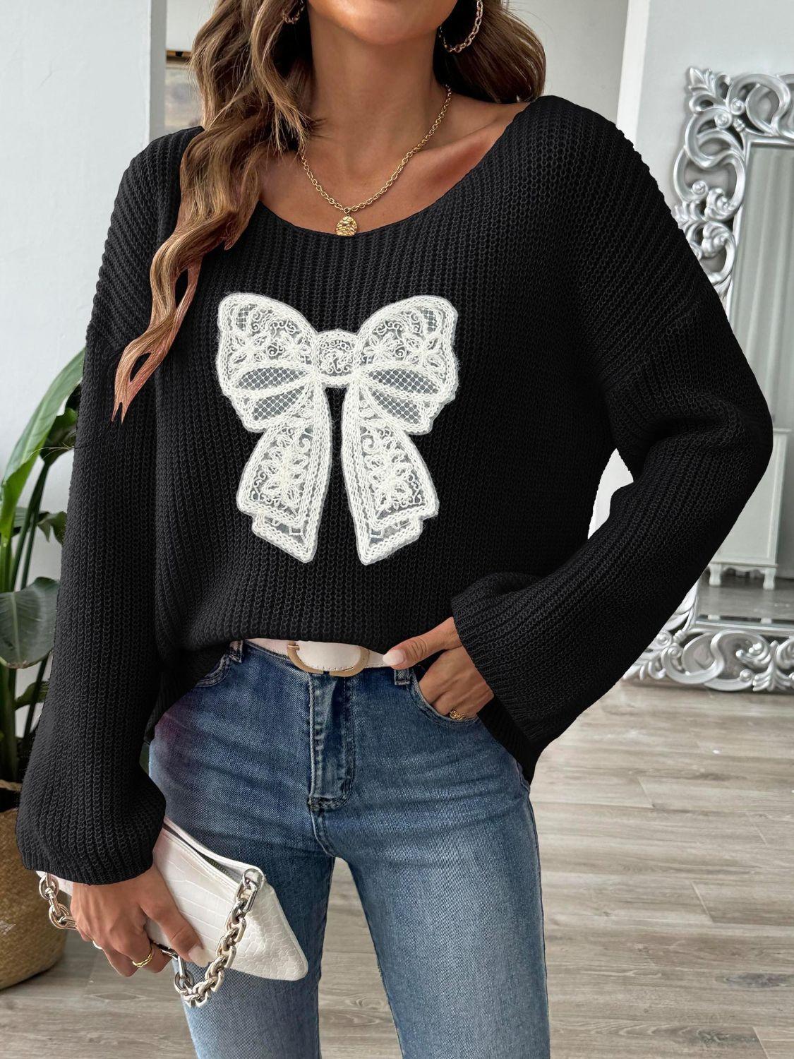 Bow Sweater Boat Neck Long Sleeve Loose Oversized Knitwear