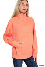 Zenana Womens Fleece Sweatshirt Coral Half Zip with kangaroo Pocket b09cfacac5c1452ab1e840561894e30c-Max-Origin Trendsi