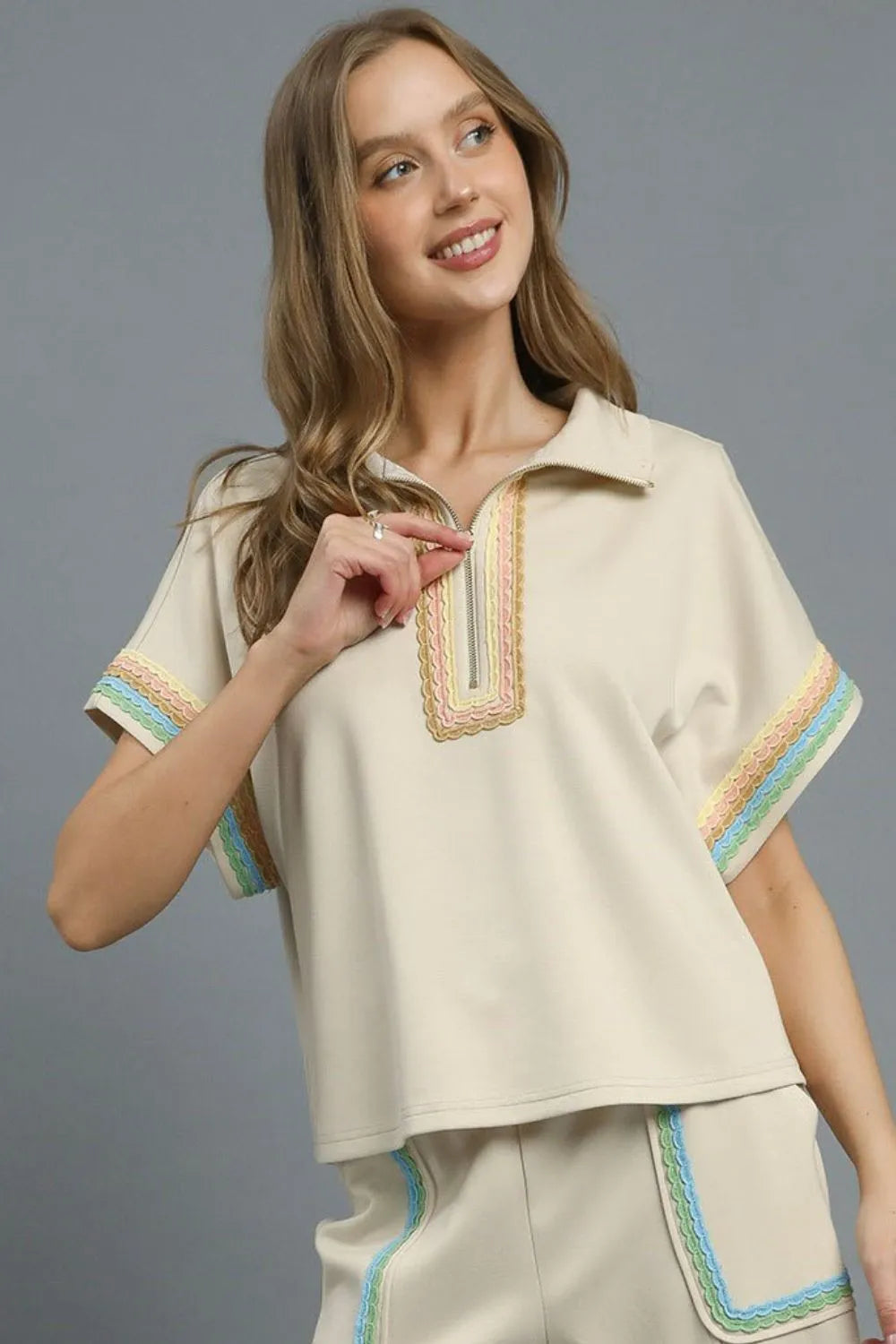 Umgee Blouse Beige Contrast Trim Half Zip Collared Short Sleeve Top Beige b0aa1c3f-fd0b-4d98-b77a-7d61d958b9f9-Max-Origin Trendsi
