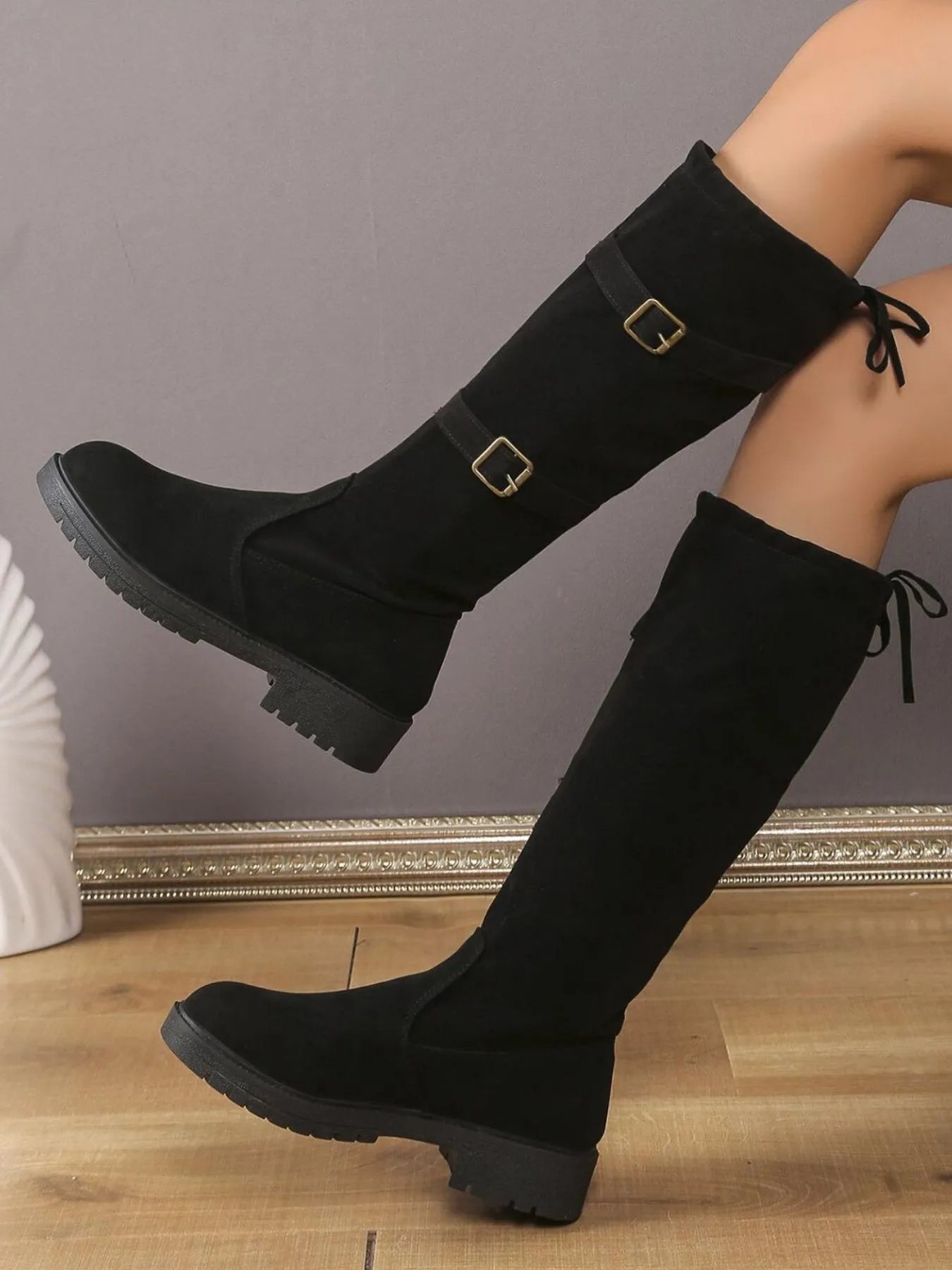 Women's Suede Boots Knee-High Combat with Double Buckle Straps Low Heel b0ad754e-27b5-4eb3-a87e-0e9ac10b7fbe-Max-Origin Trendsi