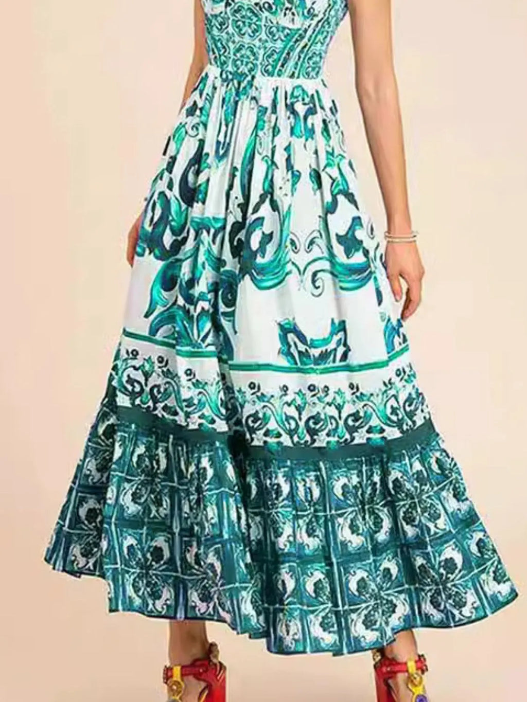 Midi Dress Smocked Printed Wide Strap Ruffled Zipper b0b082f0-cc5c-4578-9f83-66872bab0924-Max-Origin Trendsi