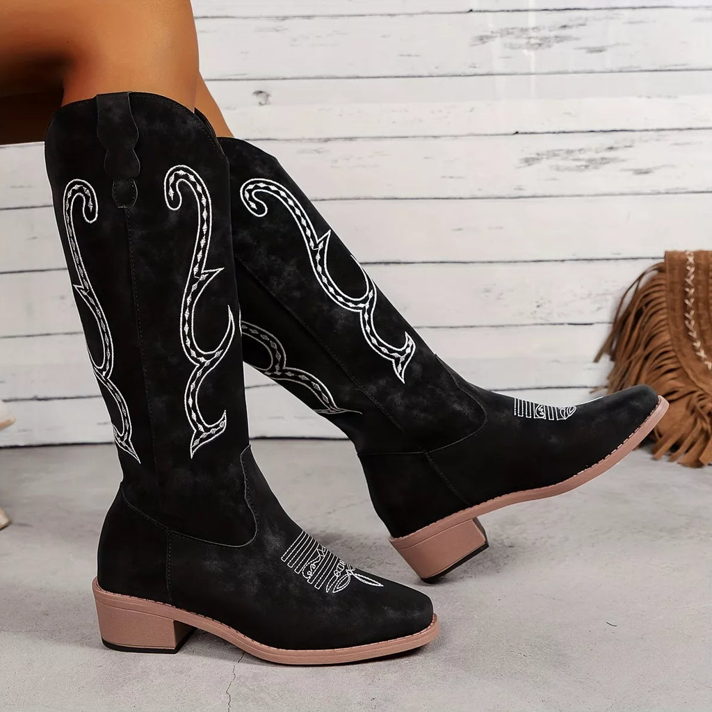 Women's Boots Matte Pu Leather Western Embroidered Round Toe Block Mid Heels b0b2d2e13e734435bbe528f6f2e224a9-Max-Origin Trendsi