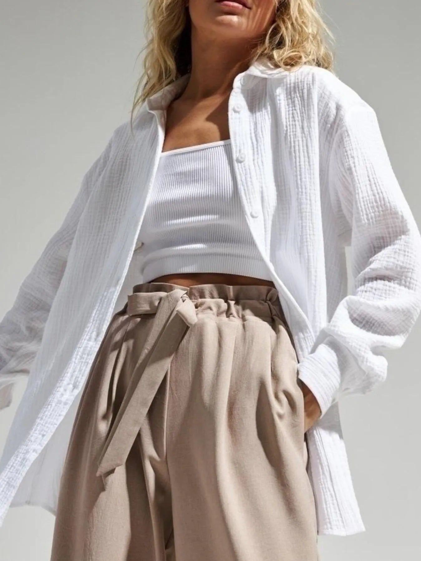 Women's Shirt Texture Oversized Button Up Long Sleeve Top White b0b4ce61-5a27-4516-8a6e-a71f5523451e-Max-Origin Trendsi