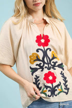 Umgee Blouse Beige Embroidered Boho Puff Short Sleeve Top b0b842fa-47b4-4d03-b30c-2a4f53cffe0b-Max-Origin Trendsi