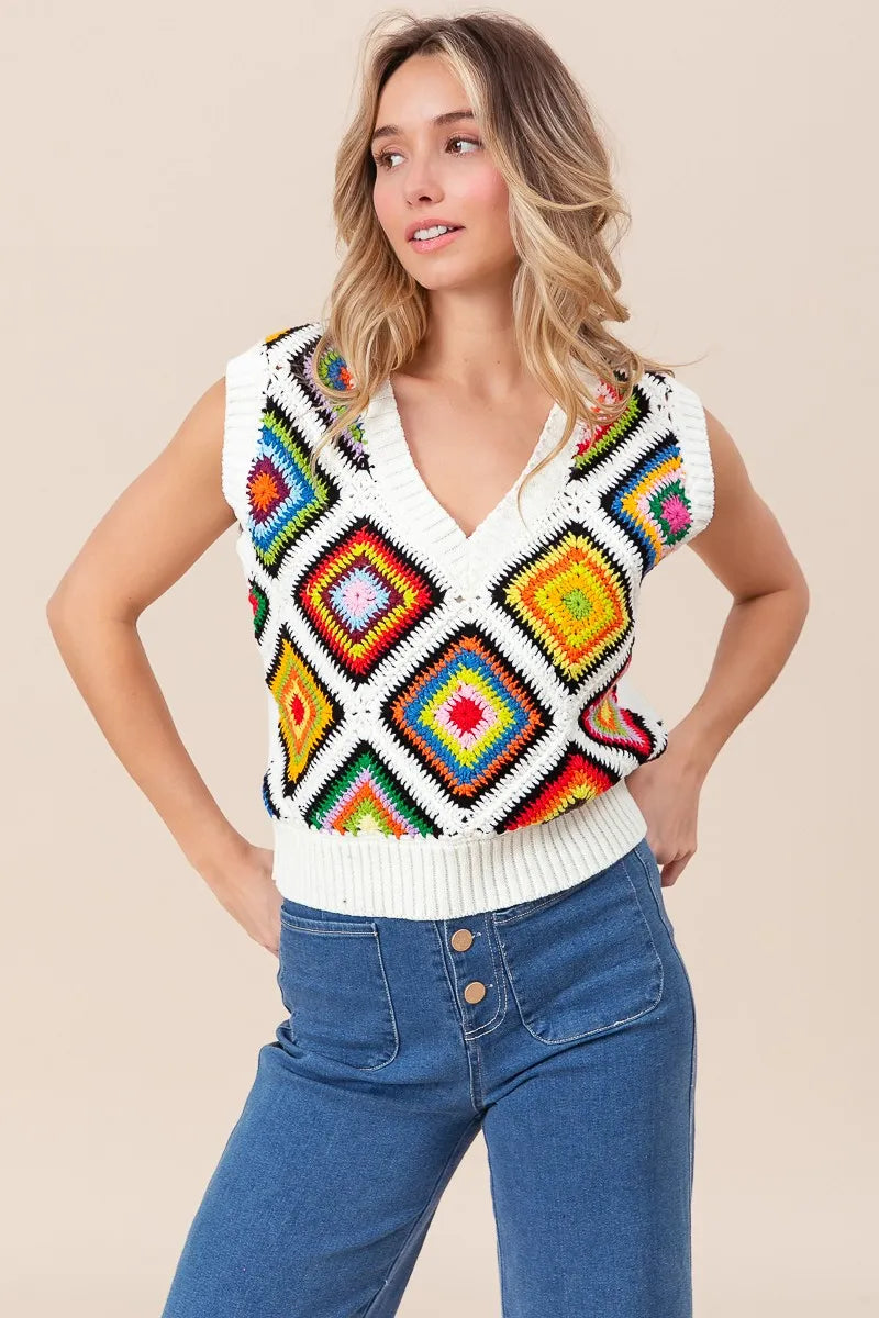 BiBi Sweater Vest Ivory Diamond Granny Multicolor Square Ribbed Knit Top b0b9a55d948e4fb8be0864a371a94082-Max-Origin Trendsi