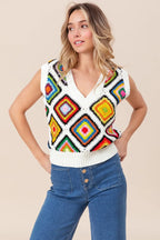 BiBi Sweater Vest Ivory Diamond Granny Multicolor Square Ribbed Knit Top b0b9a55d948e4fb8be0864a371a94082-Max-Origin Trendsi