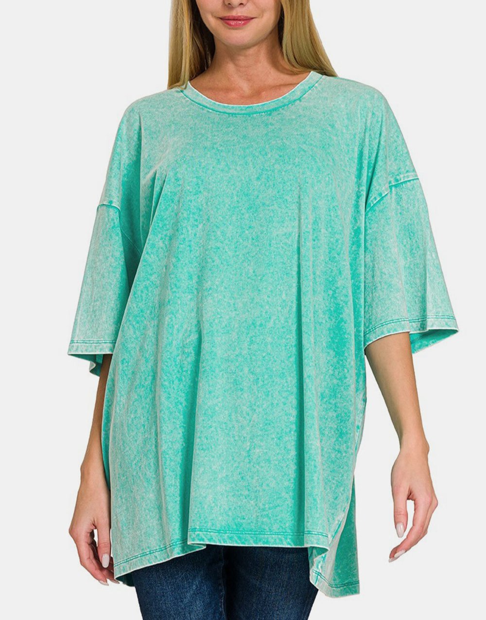 Zenana Women T-Shirt Turquoise Washed Oversized Round Neck Short Sleeve