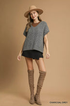Umgee Womens Sweater Gray Cable-Knit V-Neck Short Sleeve b0c8fffb-d486-41ca-9175-dbb3ff88011a-Max-Origin Trendsi