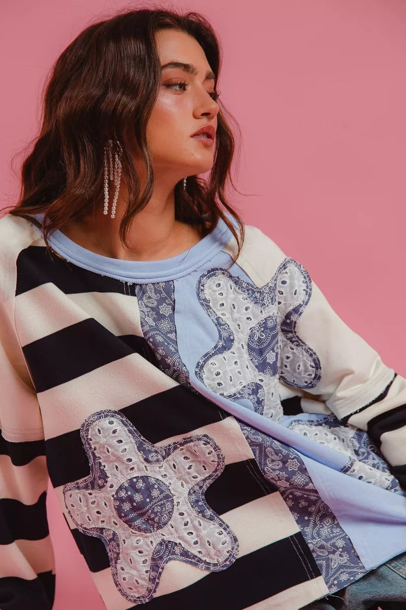 BiBi Sweatshirt Flower Patchwork Striped Round Neck Long Sleeve Top b0d779f3c3ac413a92780c9f860b59f2-Max-Origin Trendsi