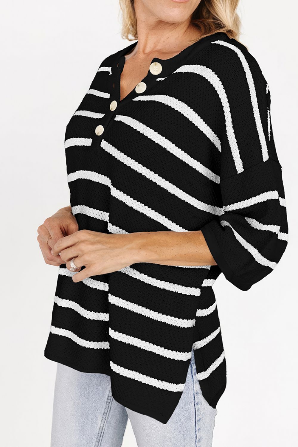 Stripe Knit Top Women's Collared Button Drop Shoulder Side Slit Long Sleeve b0ef723a-ad8f-4ff7-b39b-86b7422e42e3-Max Trendsi