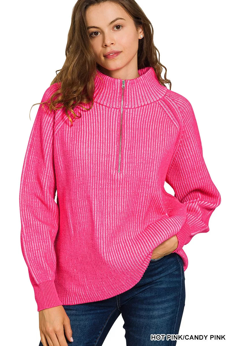 Zenana Womens Sweater Hot Pink Ribbed Two Tone Half Zip High Neck b0ef78cea99c46bdbe55f8cd6d002bb2-Max-Origin Trendsi