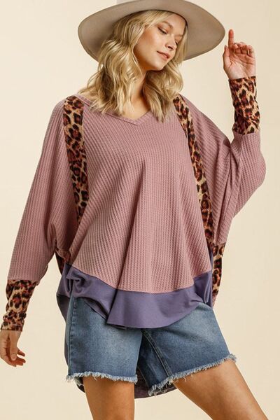 Umgee USA Waffle Knit Top Plus Size Leopard High-Low Dolman Long Sleeve Dusty Pink b0f39e6a-4705-4c98-bd8a-606c86a7846e-Min Trendsi